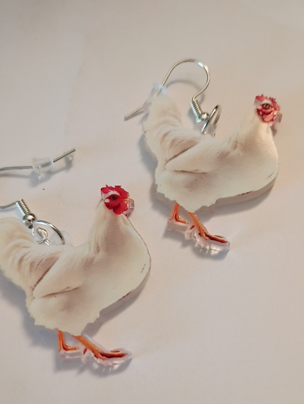 White Chicken Dangle Earrings with Red Accent